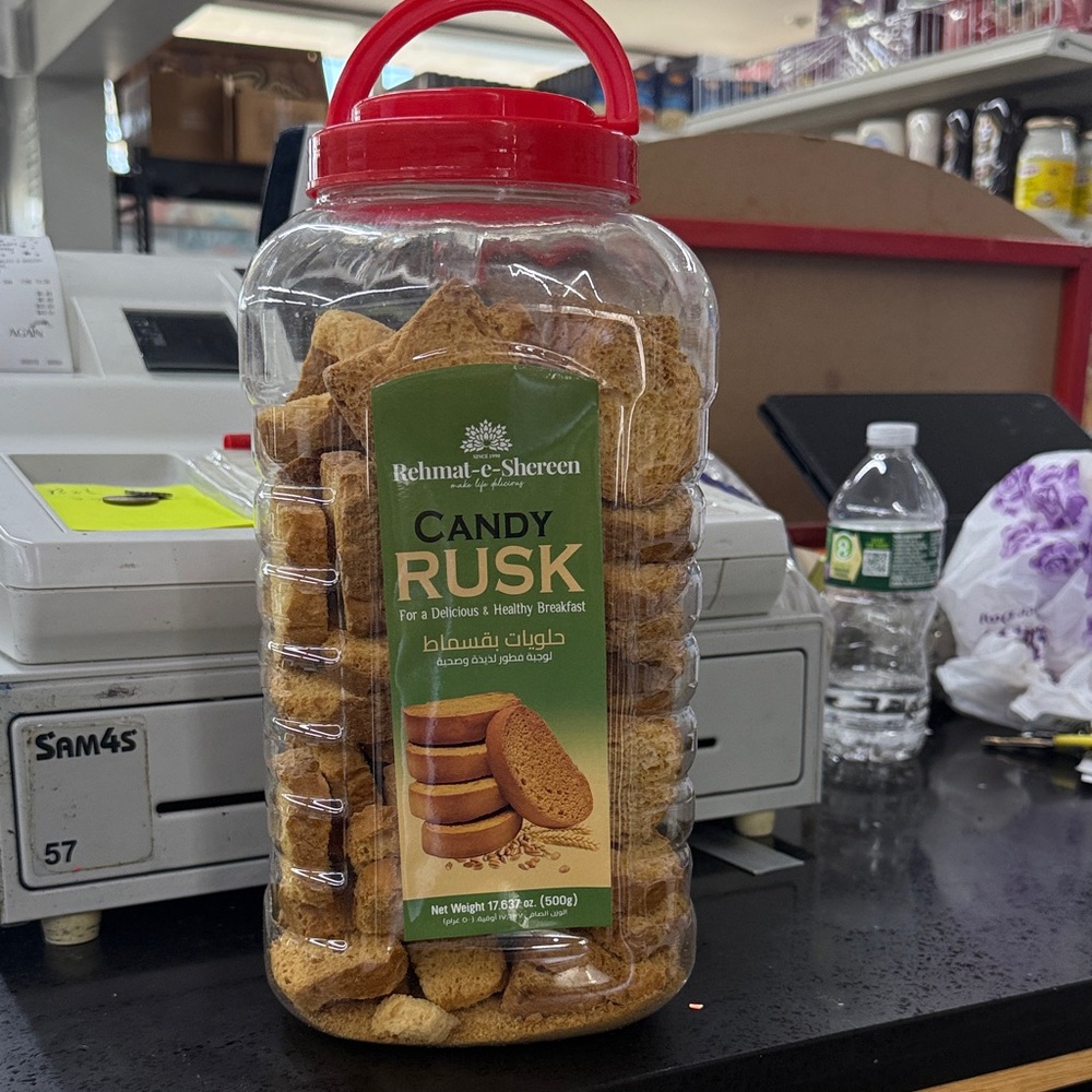 Rehmat-e-Shereen Candy Rusk - Clear Jar with Red Lid